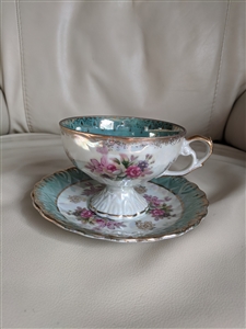 Lefton Teal Lusterware Pedestal Teacup and Saucer