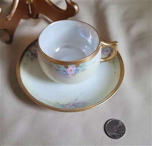 Limoges porcelain pastel hand painted by Shafer elegant teacup and plate antique set gold tone pale florals