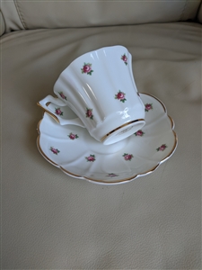 Regency English Bone China teacup saucer set Roses decor over white porcelain collectible