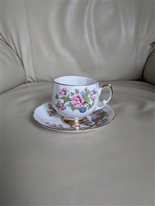 English VALE teacup and saucer porcelain floral porcelain vintage in vivid colors over white porcelain