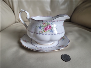 Royal Albert Petit Point fine bone china gravy boat and underplate set with cross-stitch floral pattern and gold trim