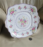 Royal Albert Petit Point fine bone china square handled cake plate with cross-stitch floral pattern and gold trim