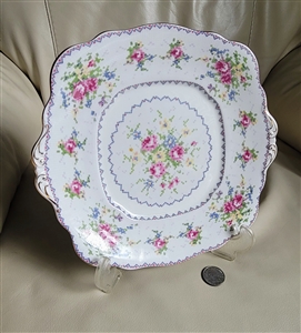 Preowned vintage Royal Albert fine bone china square handled cake plate in the embroidered Petit Point floral needlepoint pattern
