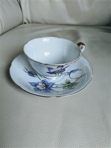 Blue Columbine porcelain gift small teacup saucer set in vivid florals collectible decor