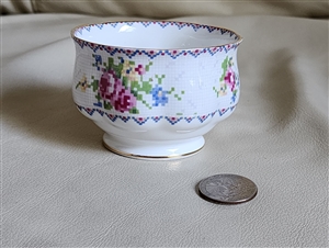 Royal Albert Petit Point fine bone china open sugar bowl with needlepoint cross stitch floral design and gold trim