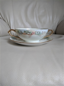 Antique Hutschenreuther Selb German porcelain double handled bouillon bowl and saucer set with floral pattern and gold trim