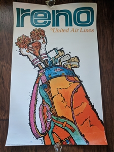Original 1969 United Air Lines Reno travel poster by James Jebavy featuring psychedelic golf bag art mid-century modern