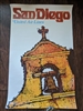 Original 1969 United Airlines San Diego travel poster by James Jebavy featuring the Mission bell tower with a one-inch side rip and vintage edge ware