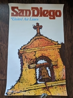 Original 1969 United Airlines San Diego travel poster by James Jebavy featuring the Mission bell tower with a one-inch side rip and vintage edge ware