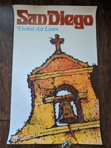 Original 1969 United Airlines San Diego travel poster by James Jebavy featuring the Mission bell tower with a one-inch side rip and vintage edge ware