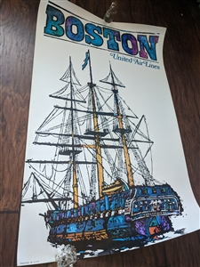 Original 1968 United Air Lines travel poster featuring Boston tall ship design with printed lithograph signature measuring 40 inches