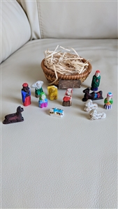 Miniature clay carved Nativity Set Vietnam straw filled basket with meticulously finished small colorful figures folk art
