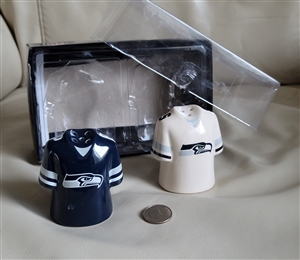 Seattle Seahawks jersey style salt and pepper shakers in original 2009 packaging