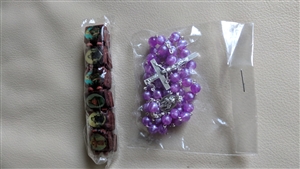 1990s vintage italian purple rosary and wooden saints jewelry bracelet set