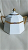 antique Nippon octagonal white porcelain lidded sugar bowl featuring Art Deco geometric gold bands heavy gold handles and floral accents from the 1920s