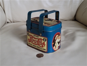 Vintage 1988 Pepsi Cola tin box basket with blue dual handles and nostalgic advertising graphics