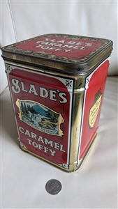 Caramel Toffy Slades large lidded tin 1950 collectible vintage storage resolution for home, workshop, business, or collection