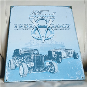 Ford 75th Anniversary Deuce V8 metal sign with weathered edges