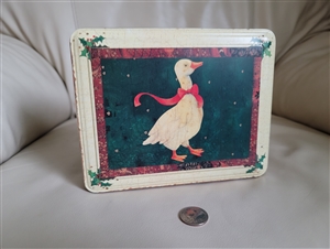 Purdys chocolate empty tin storage box with Christmas goose decor shown with reference coin