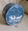 Shirley Jean Rum and Brandy Fruitcake round blue tin storage box with embossed horses.