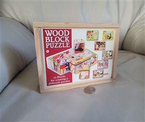 Schylling wood block puzzle set with 12 blocks and original wooden box 2009 skills toy.