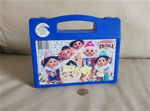 Vintage 1992 Norfin Troll doll blue plastic carrying case with Easter theme graphic