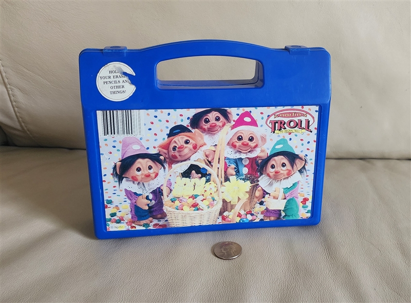 Vintage 1992 Norfin Troll doll blue plastic carrying case with Easter theme graphic