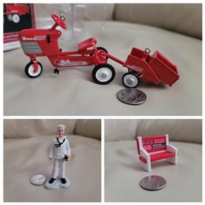 Hallmark 1998 Coca-Cola tractor with detachable trailer sailor and resin bench set