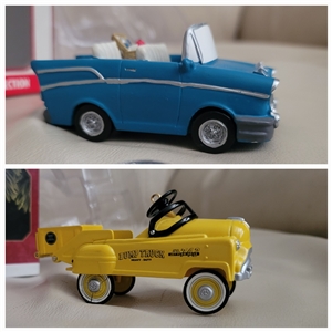 Hallmark 1997 Kiddie Car Classics Murray metal dump truck and late 1990s Coca-Cola 1957 Chevy resin convertible set in original boxes