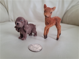 Flocked mini Cocker Spaniel and fawn decor animals desk and home decor great vintage gifts