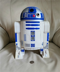 Vintage white and blue R2D2 hard plastic droid shaped toy storage case for small collectible cars