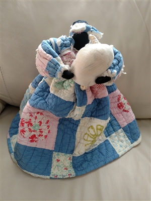 Handmade quilted doll 1940s Black Americana faceless mother and baby patchwork feedsack skirt 17 inch