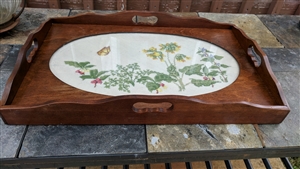 Large wooden tray needlepoint floral center decor