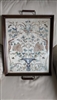 Vintage Hollywood Regency wood tray with brass handles featuring hand-embroidered Chinese silk floral panel with a central fold