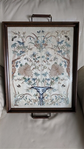 Vintage Hollywood Regency wood tray with brass handles featuring hand-embroidered Chinese silk floral panel with a central fold