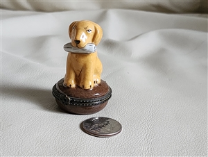 Porcelain dog holding a bone hinged trinket box on a brown base