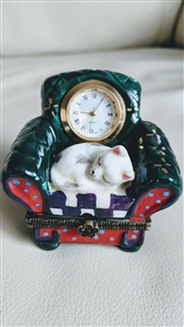 Vintage porcelain trinket box shaped like an armchair with a sleeping cat and clock face Japan