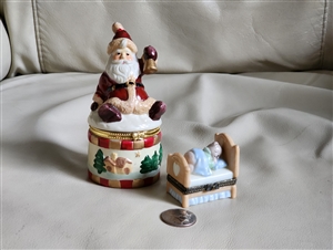 Porcelain Santa and sleeping Bear trinket boxes colorful set of two vintage storage jewelry boxes decor