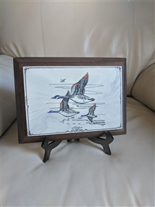 Signed Brother Matthew Gallagher geese marble color etching produced in the 1970s and 1980s mounted on wood