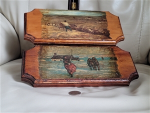 Vintage 1970 folk art pine plaque set featuring Homing Herd and School Day's End frontier decoupage scenes