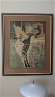 Framed tile artwork by Lou Zansky titled On the Slopes featuring 12 laminated tiles mounted on jute fabric background