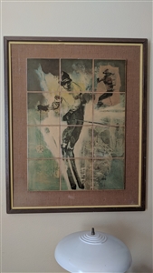 Framed tile artwork by Lou Zansky titled On the Slopes featuring 12 laminated tiles mounted on jute fabric background