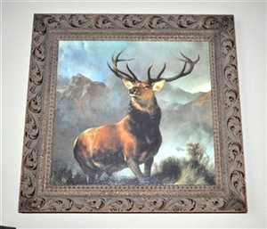 Vintage wildlife canvas print of a deer after Sir Edwin Landseer with hand painted accents in a heavy ornate wooden frame