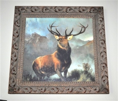 Vintage wildlife canvas print of a deer after Sir Edwin Landseer with hand painted accents in a heavy ornate wooden frame