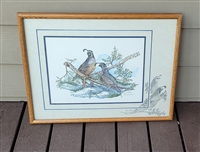 Lynn Bean limited edition wildlife art titled Quail in Juniper, double signed and numbered 130/250 in a wooden frame