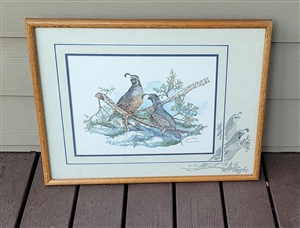 Lynn Bean limited edition wildlife art titled Quail in Juniper, double signed and numbered 130/250 in a wooden frame