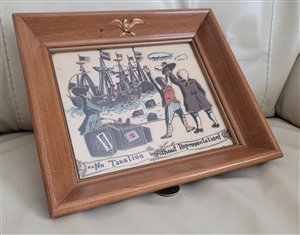 Framed quilted Boston Tea Party folk art 1970s Americana wall decor wood shadowbox eagle emblem glass panel