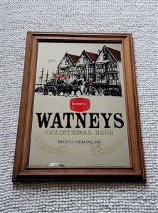 Vintage English Watneys Traditional Beer framed advertising mirror with red barrel logo imported from London England