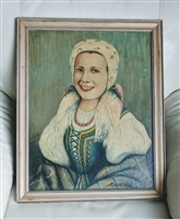 Mid Century European folk art painting woman portrait signed Tymczyszyn colorful wall decor
