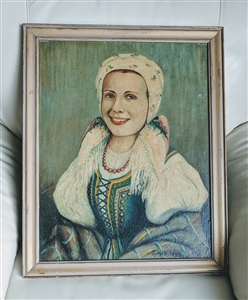 Mid Century European folk art painting woman portrait signed Tymczyszyn colorful wall decor